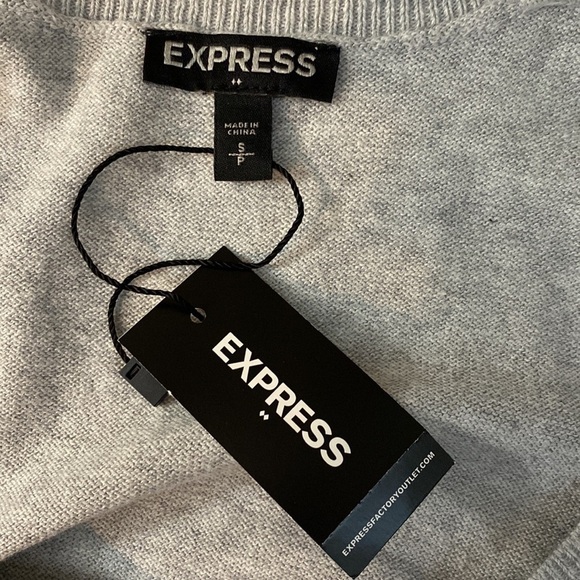 EXPRESS grey cold shoulder fine knit floral embroidered twist front sweater top - Picture 3 of 9